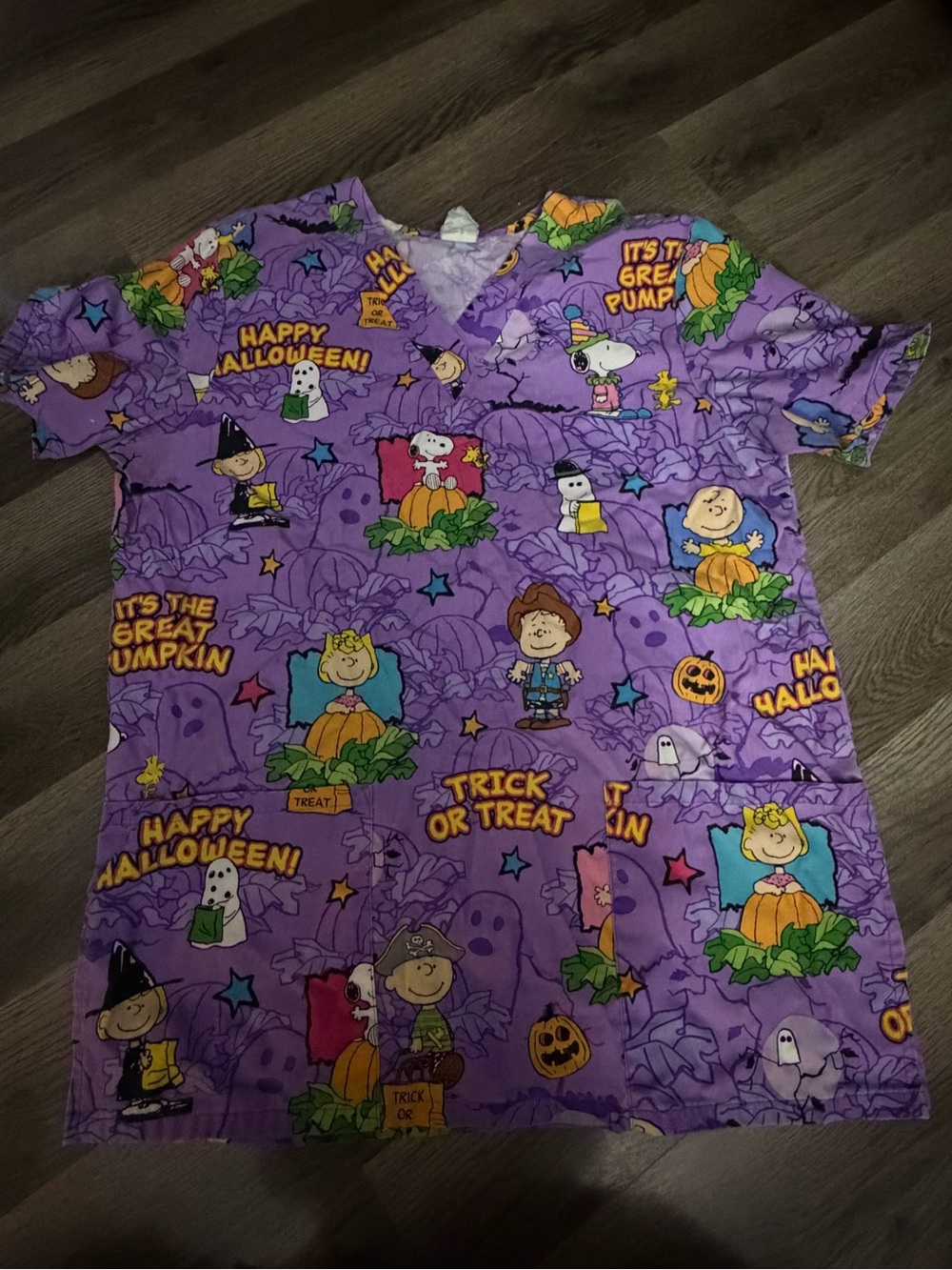 Peanuts Purple Halloween Scrub Top with Pumpkin Characters